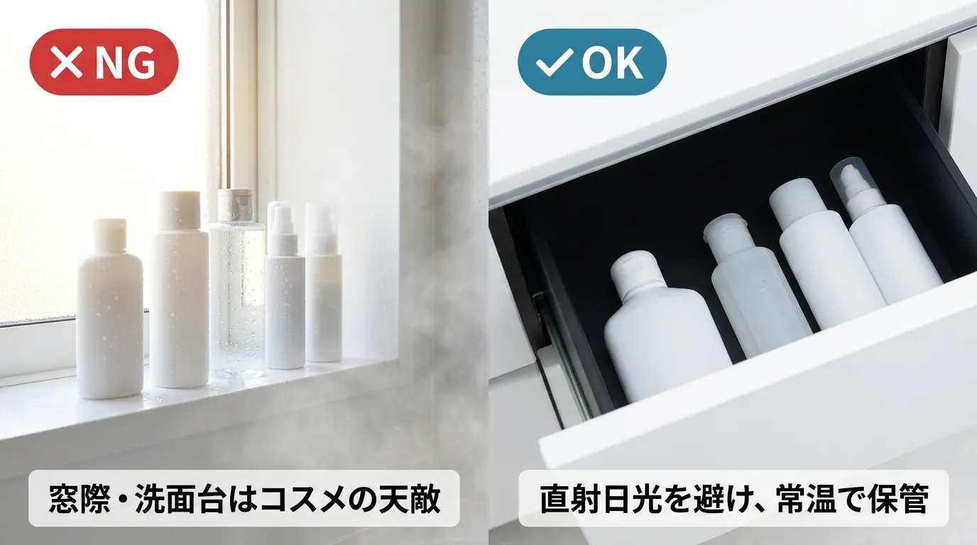 スキンケアの正しい暗所保管と洗面台・窓際NGな保管場所の比較写真