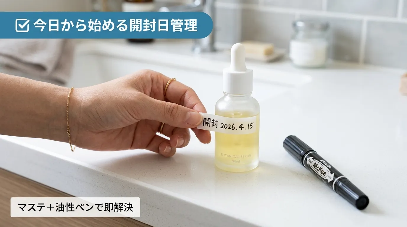 マスキングテープに開封日を書いて美容液ボトルに貼る手元・期限管理習慣