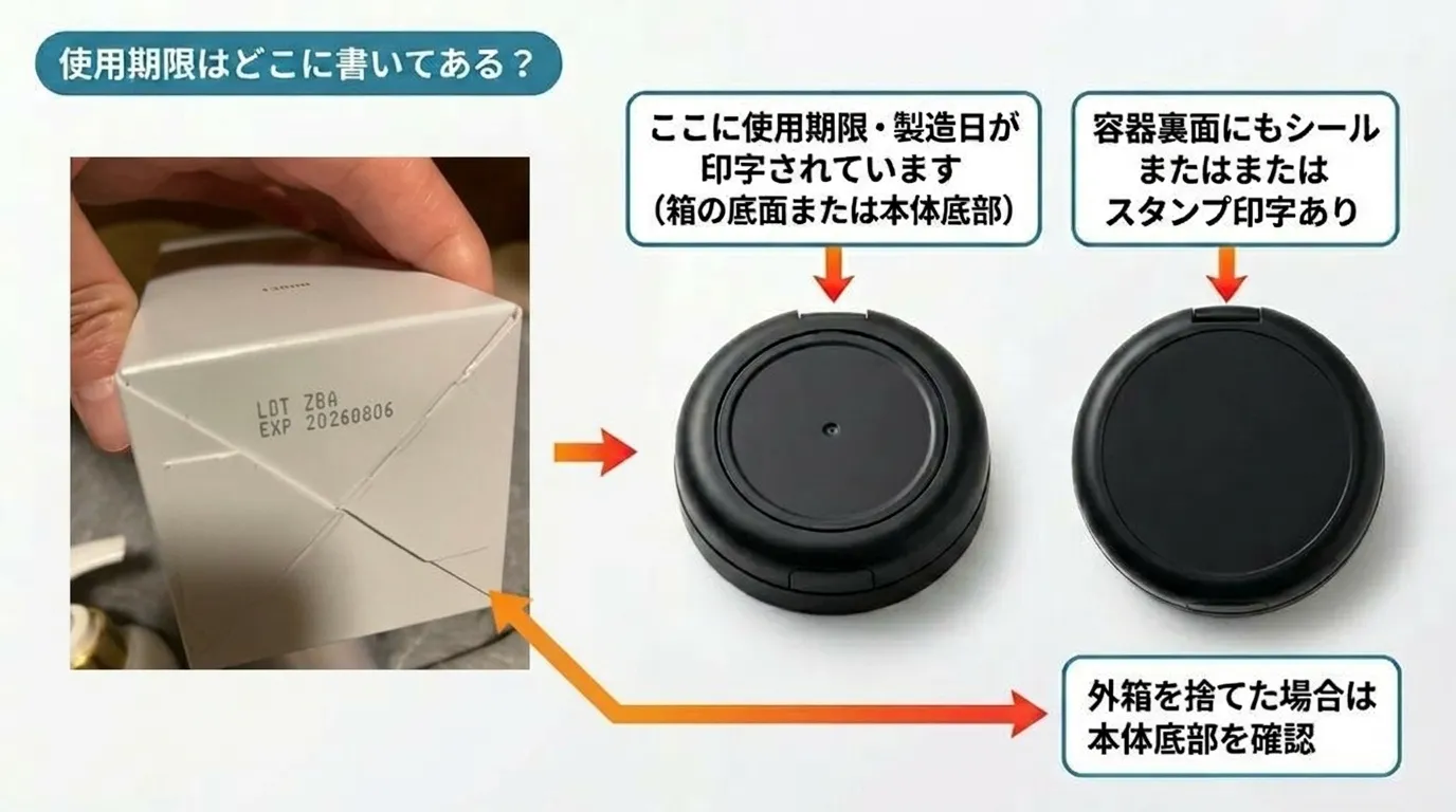 V3ファンデーション容器の底面・裏面・外箱の使用期限印字場所を矢印で示した図