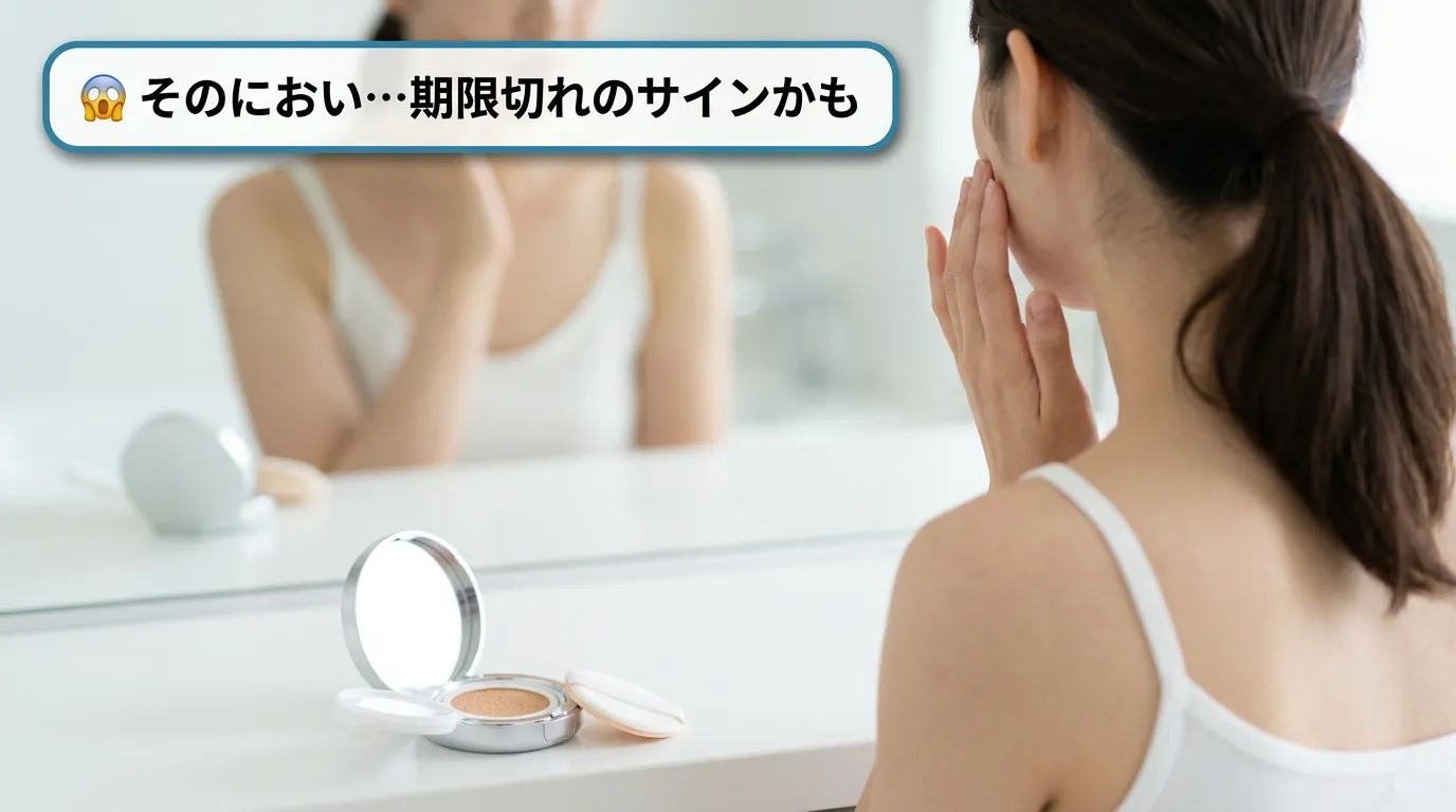 期限切れファンデーションの使用後に肌の変化を鏡で確認する女性の後ろ姿