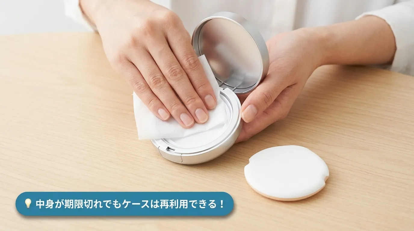 期限切れV3ファンデーションのケースをアルコールシートで拭いてレフィル再利用する手元