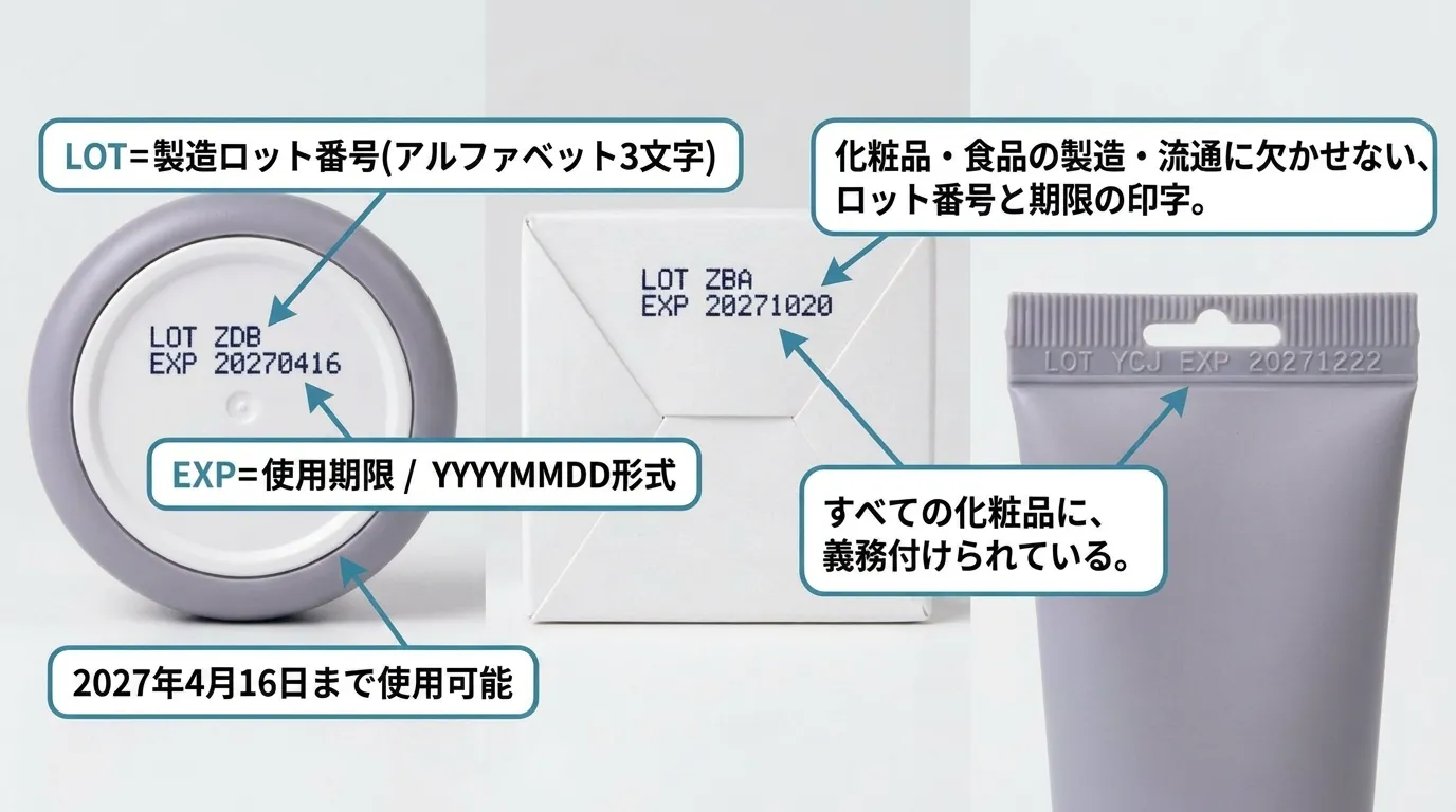V3ファンデーション底面の韓国語使用期限表記（제조・까지・개봉 후）の解説図