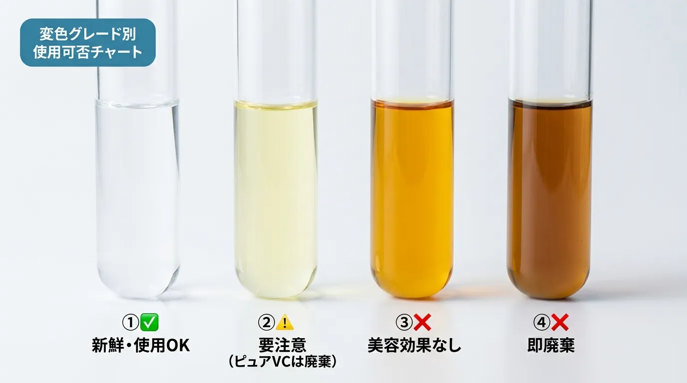 ビタミンC美容液の変色4段階グラデーション比較・使用可否チャート