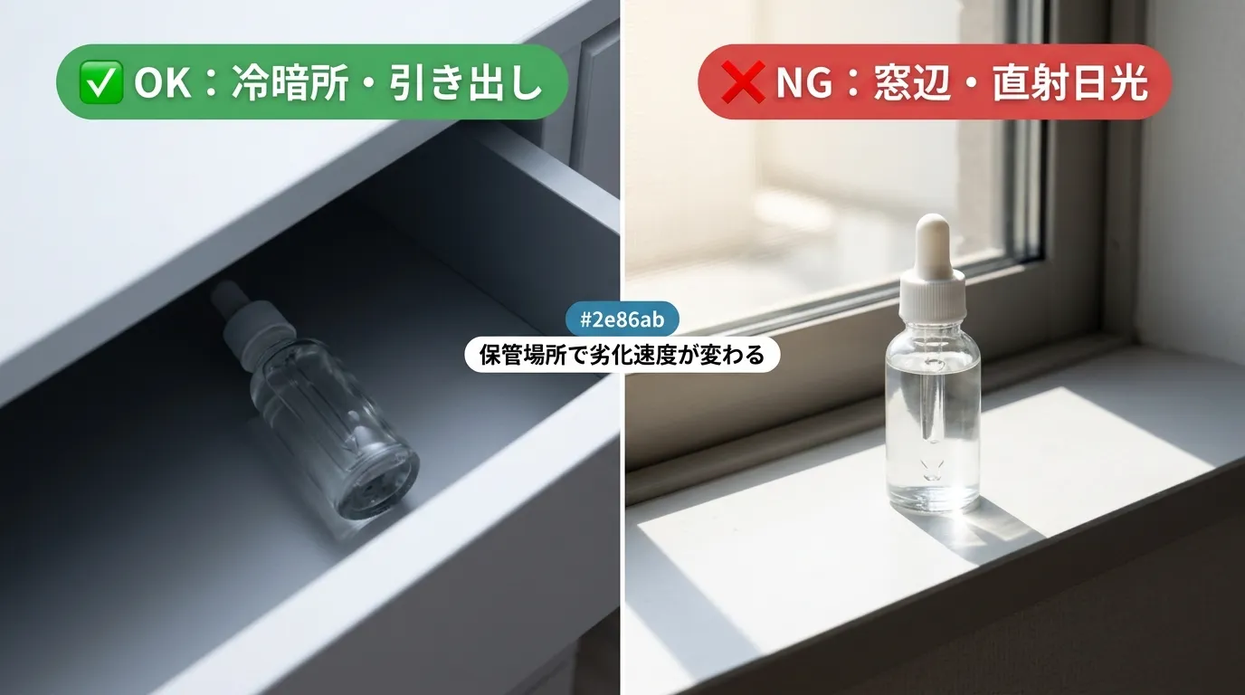 ビタミンC美容液の正しい保管場所（冷暗所）とNG保管場所（窓辺）の比較写真