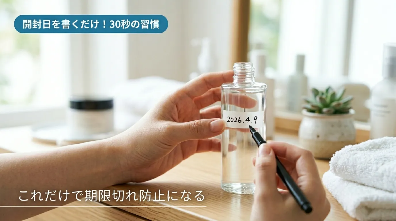 美容液ボトルにマスキングテープで開封日を書いている手元のクローズアップ