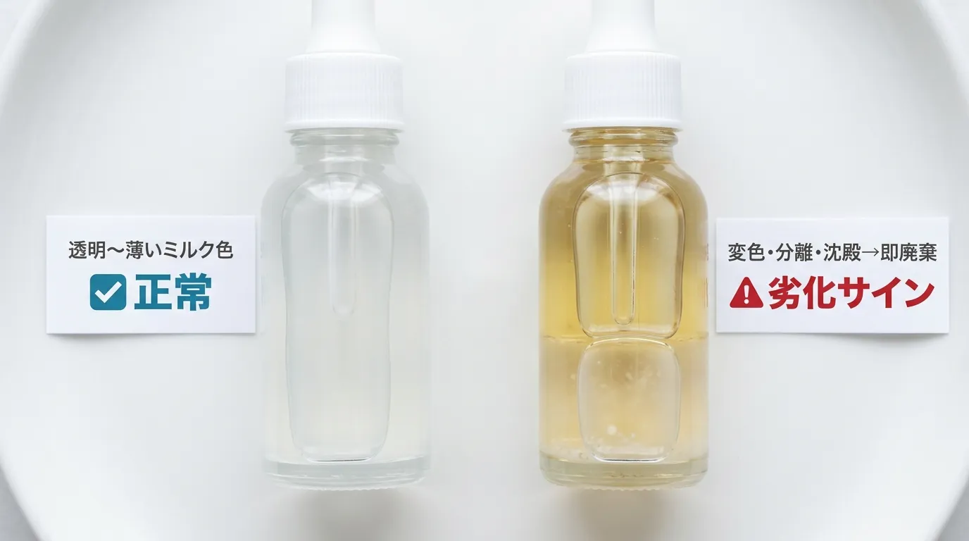 VTリードルショット正常な液体（透明）と劣化した液体（黄変・分離）の接写比較