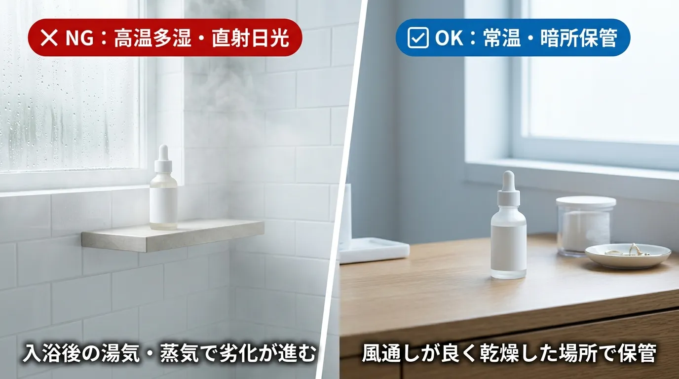 VTリードルショット保管NGの洗面台（高温多湿）とOKの冷暗所引き出しの比較