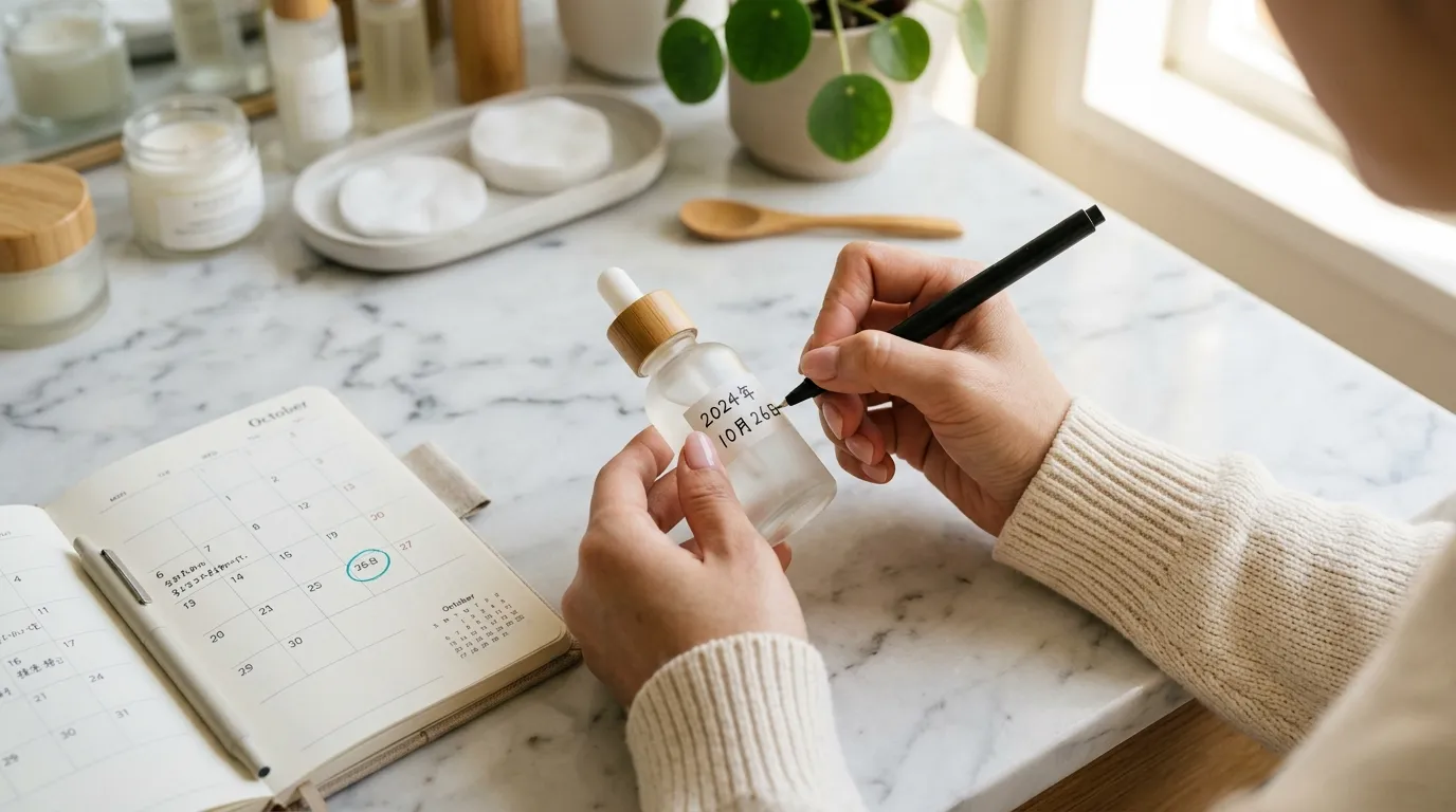 スキンケアボトルに開封日シールを書いて貼る手元・VTリードルショット期限管理