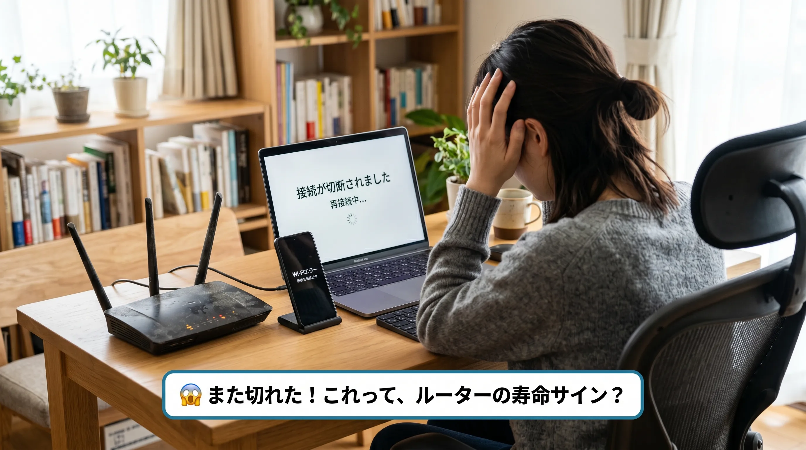 Wi-Fiが頻繁に切断されパソコン前で困惑する人物の後ろ姿とルーター寿命サインの解説ラベル