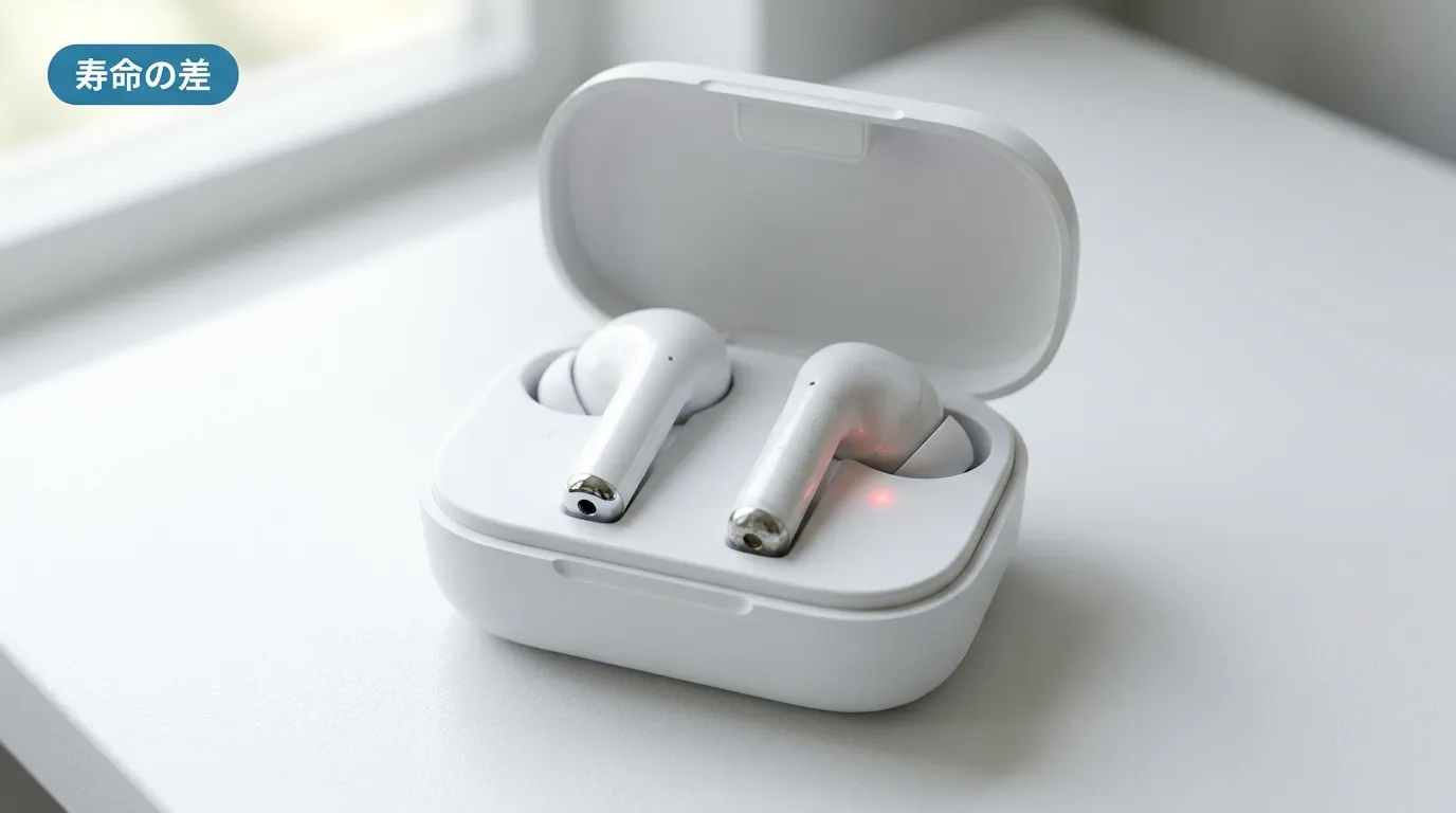 充電ケースの中に並ぶ2つのイヤホン。右側だけ劣化のサインが見られる