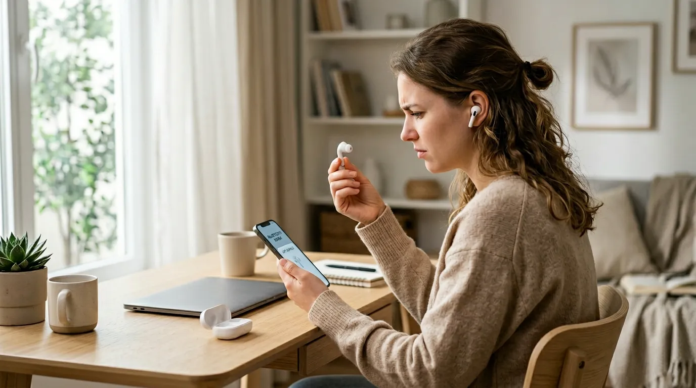 片方のワイヤレスイヤホンを手に取り困惑した表情でスマートフォンを見る女性