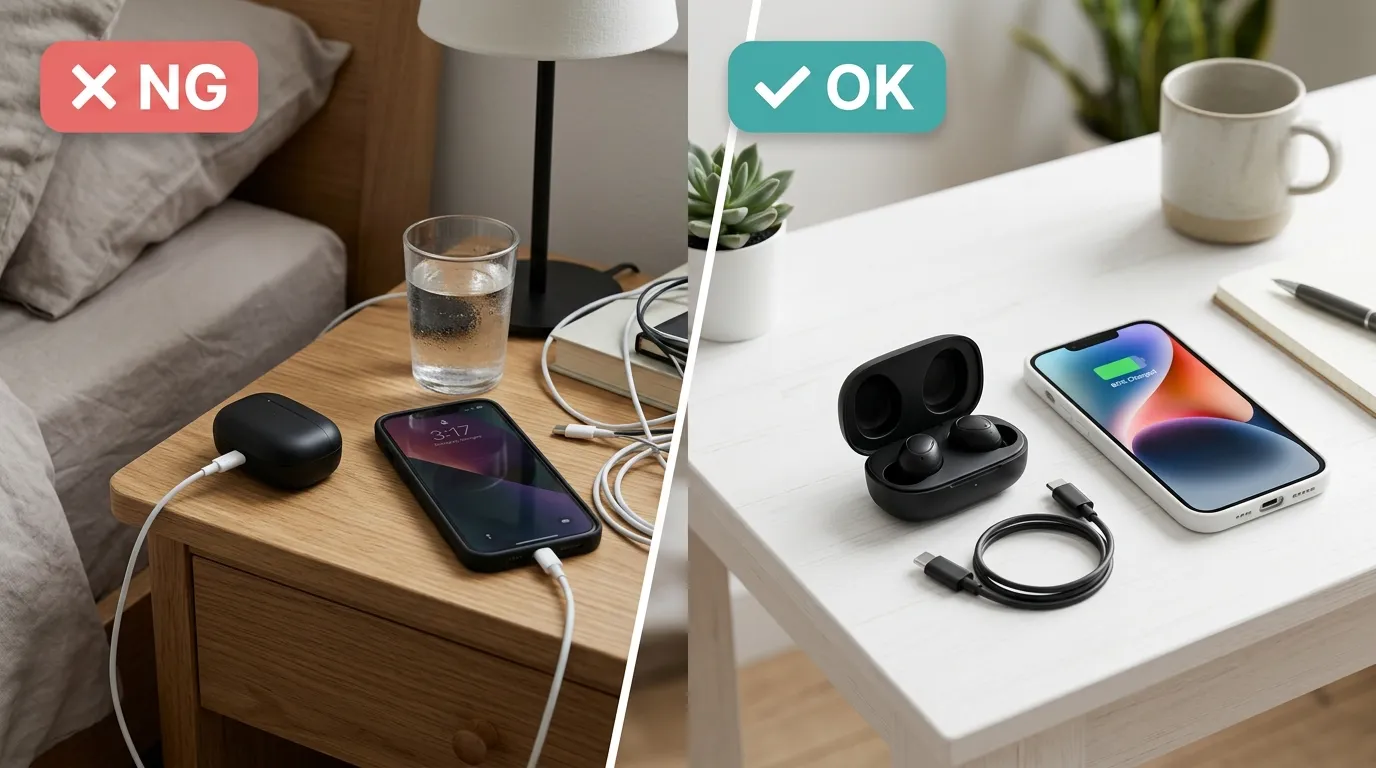 イヤホン充電のNG例（過充電放置）とOK例（80%管理）を左右比較した写真