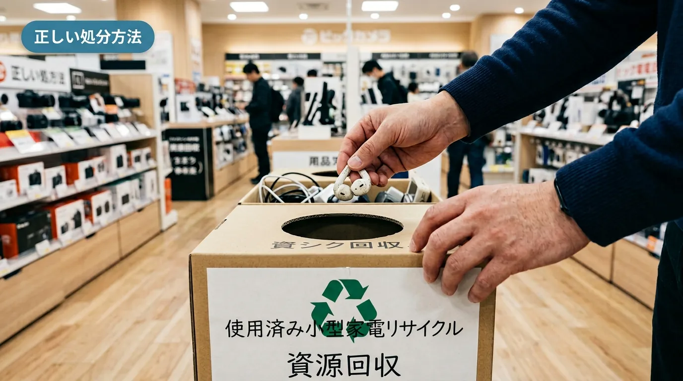 使い終わったワイヤレスイヤホンを家電量販店のリサイクル回収ボックスに入れる手元