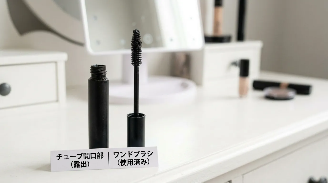 マスカラのワンドとチューブ開口部のクローズアップ｜開封後の雑菌混入リスクを示す