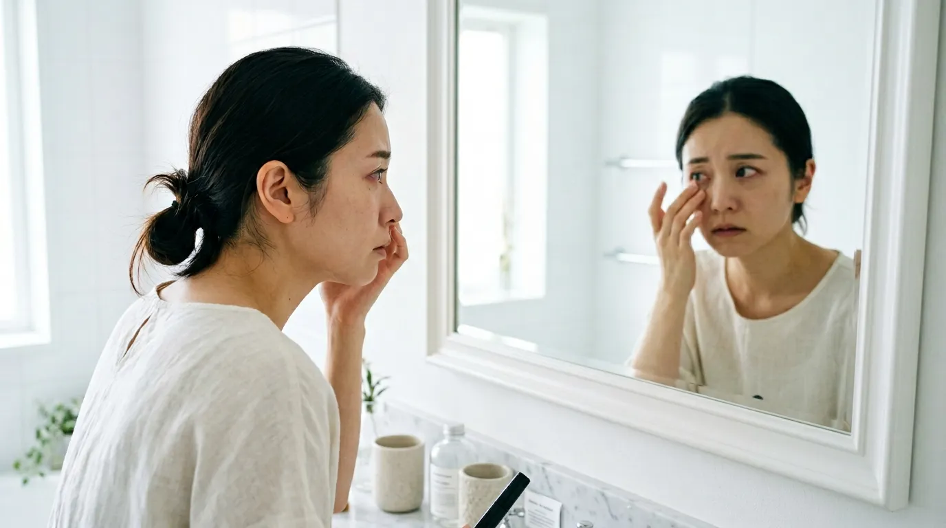 目元の違和感を気にする女性とマスカラ｜期限切れによる結膜炎・ものもらいのリスク