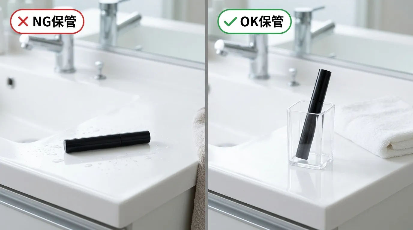 マスカラの保管場所NG（洗面台）とOK（引き出し）の比較｜湿気を避けた正しい保管方法