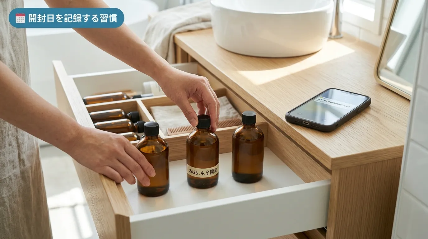 ヘアオイルのボトルにマスキングテープで開封日を記録している様子