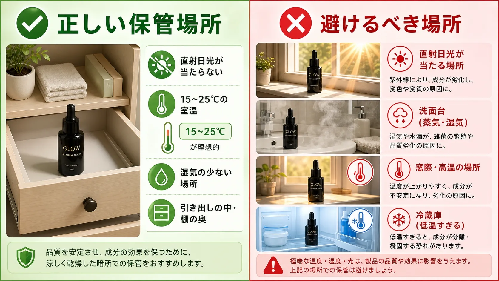 ブラックPDRN美容液の正しい保管場所と避けるべき場所の比較図。引き出しの中や棚の奥が正解、洗面台・窓際・冷蔵庫はNG