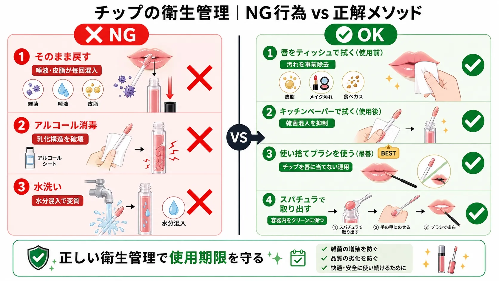 リップグロス・プランパーのチップ衛生管理｜やってはいけないNG行為と正解メソッド比較図