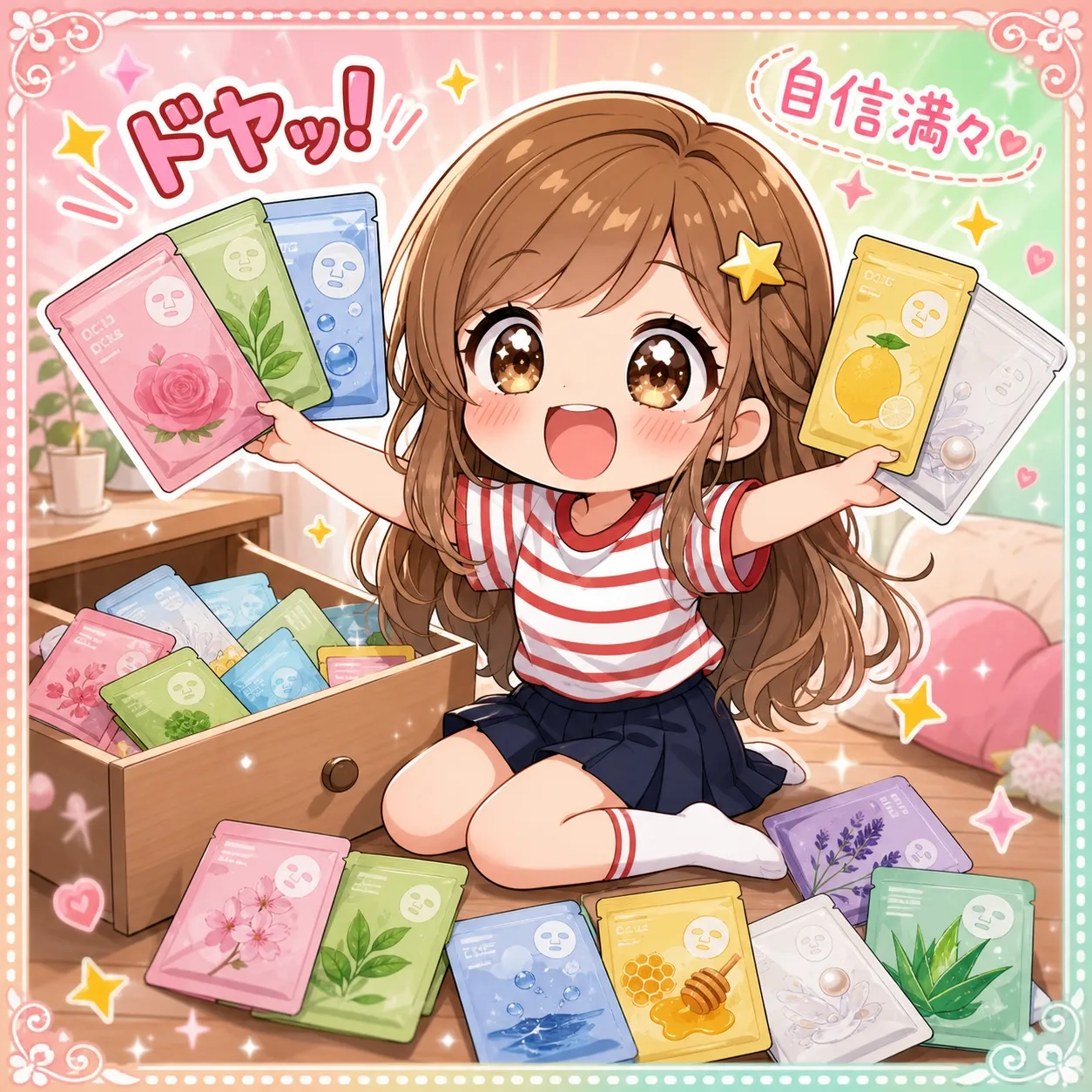 シートマスクを大量に持ってドヤ顔のマダリちゃん