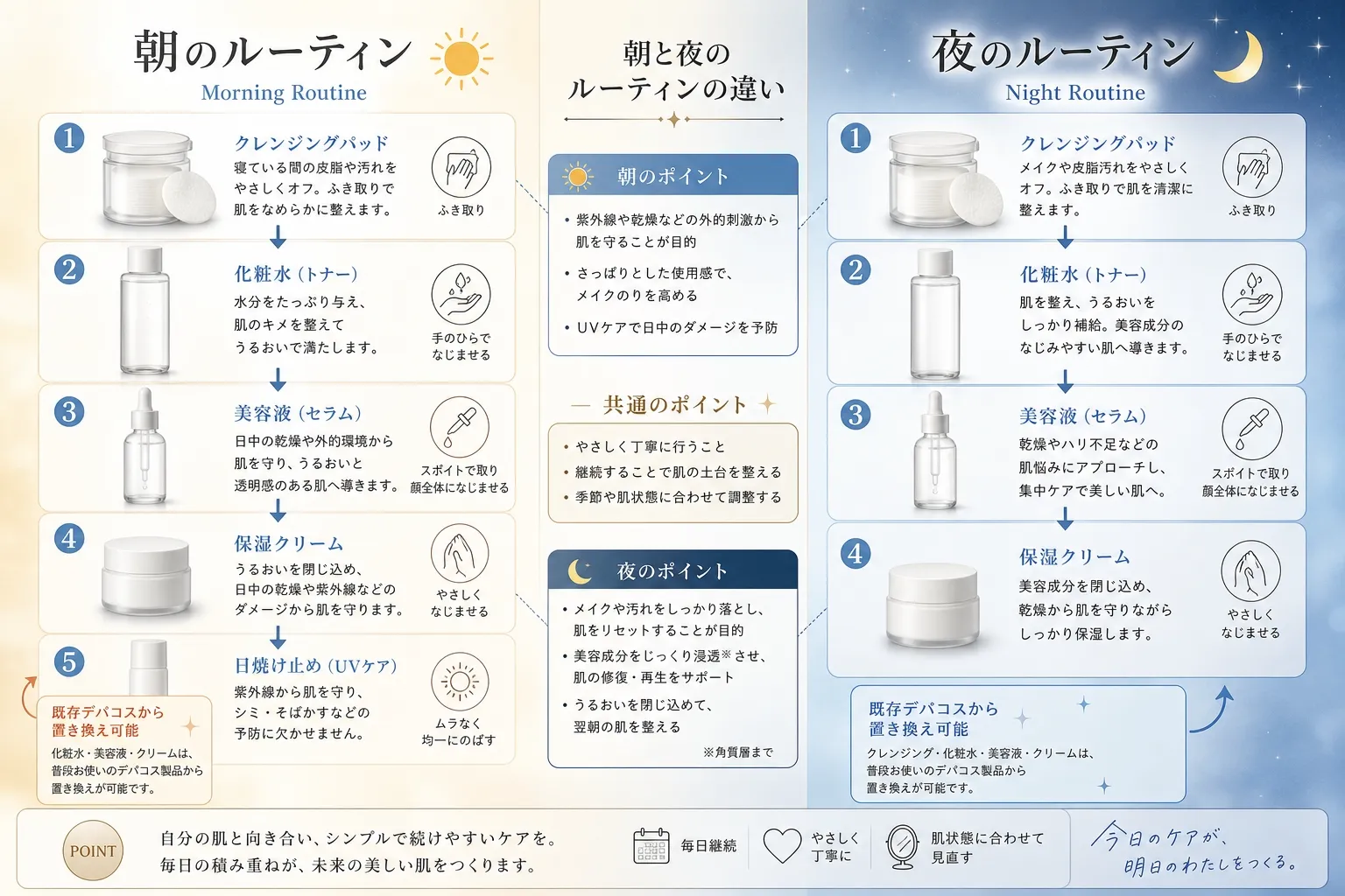 メディキューブ朝と夜のスキンケアルーティン比較図 - 朝は紫外線対策重視、夜は修復ケア重視の使い分けを解説