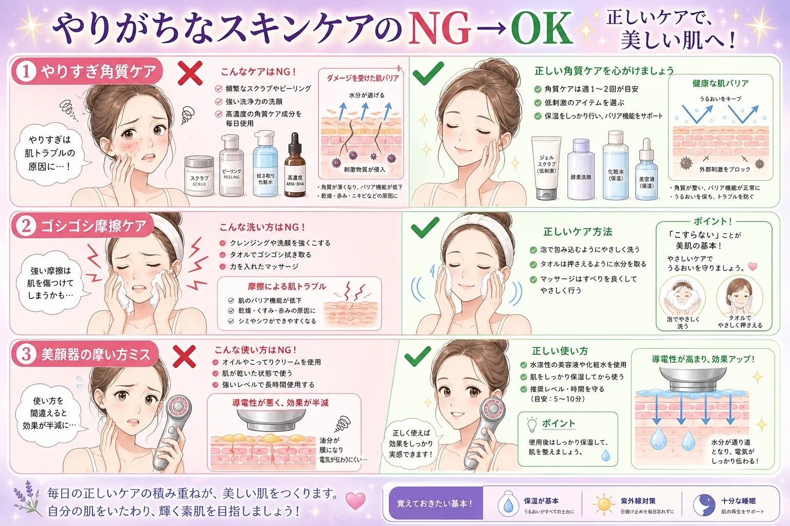 やりがちなスキンケアの間違いNG例とOK例の比較 - 角質ケア・摩擦ケア・美顔器使用の正しい方法を解説
