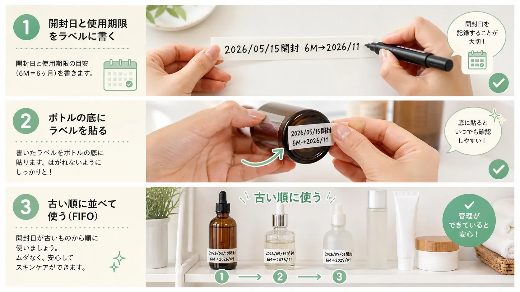 開封後の化粧品管理方法 - マスキングテープに開封日を記入してボトル底面に貼り、先入れ先出し（FIFO）で管理する手順図