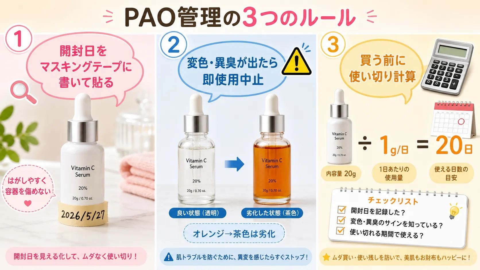 PAO管理の3つのルール。マスキングテープに開封日を記入、変色・異臭で使用中止、買う前に使い切り計算。