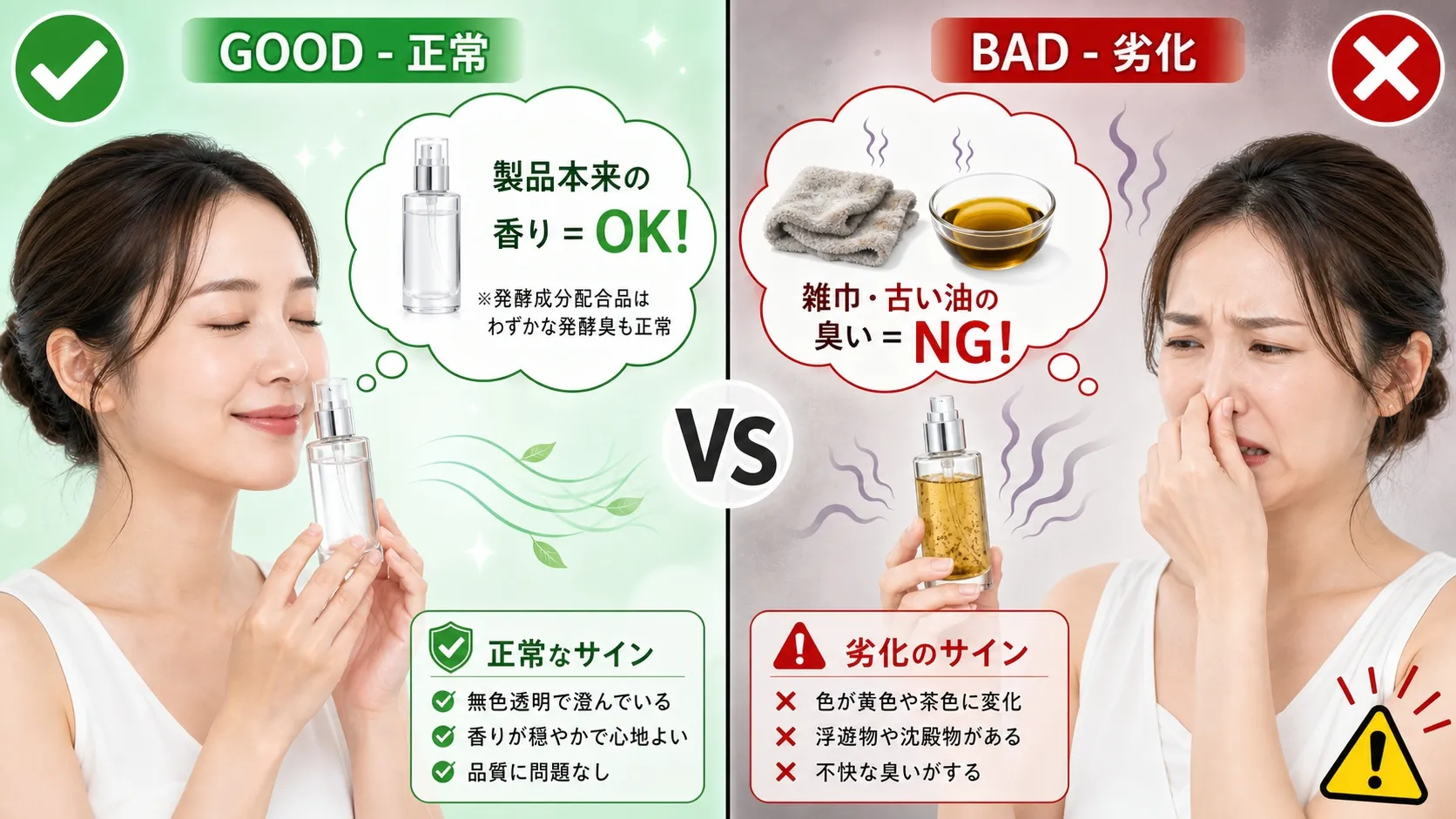 スキンケア劣化の見分け方 - 正常な製品（本来の香り・透明）と劣化した製品（異臭・濁り）の比較図