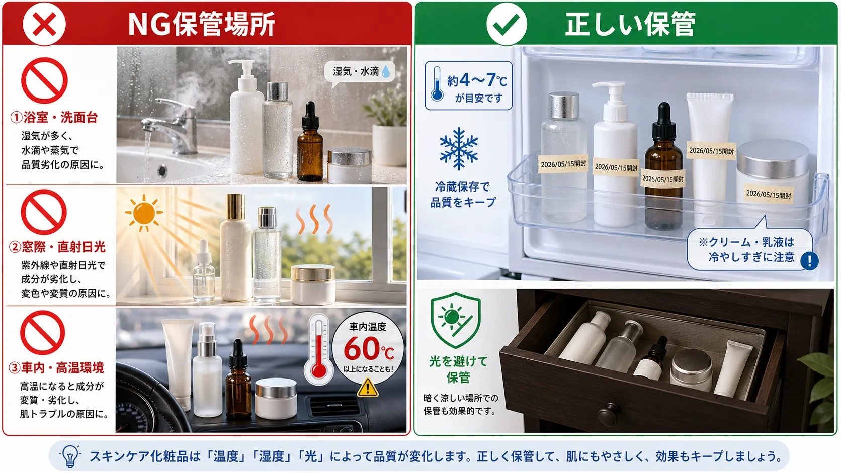 スキンケア保管方法の比較 - NG保管場所（浴室・窓際・車内）と正しい保管場所（冷蔵庫・暗所）の図解