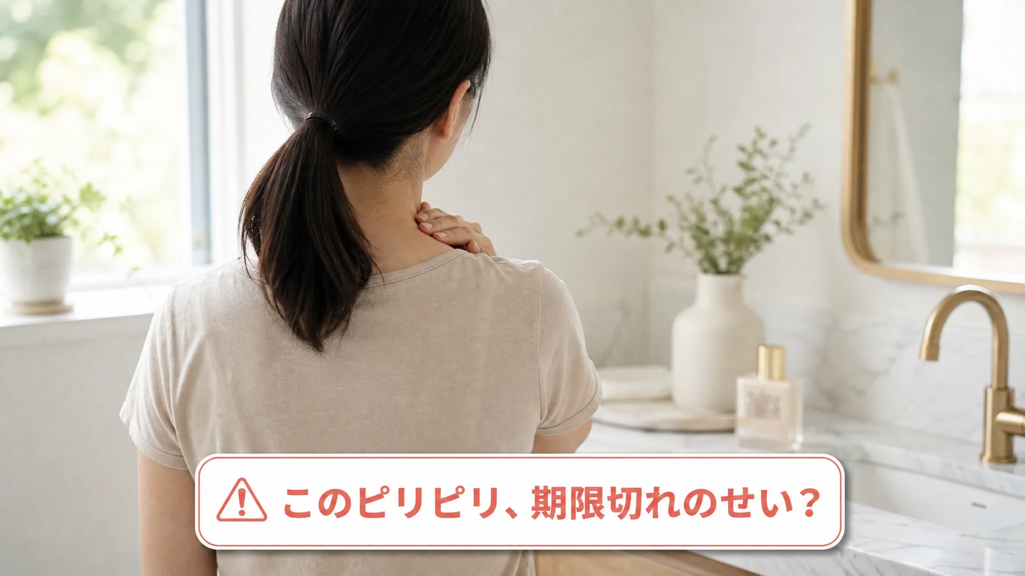 期限切れ香水を使用して肌トラブルが起きた様子を表現した共感シーン画像