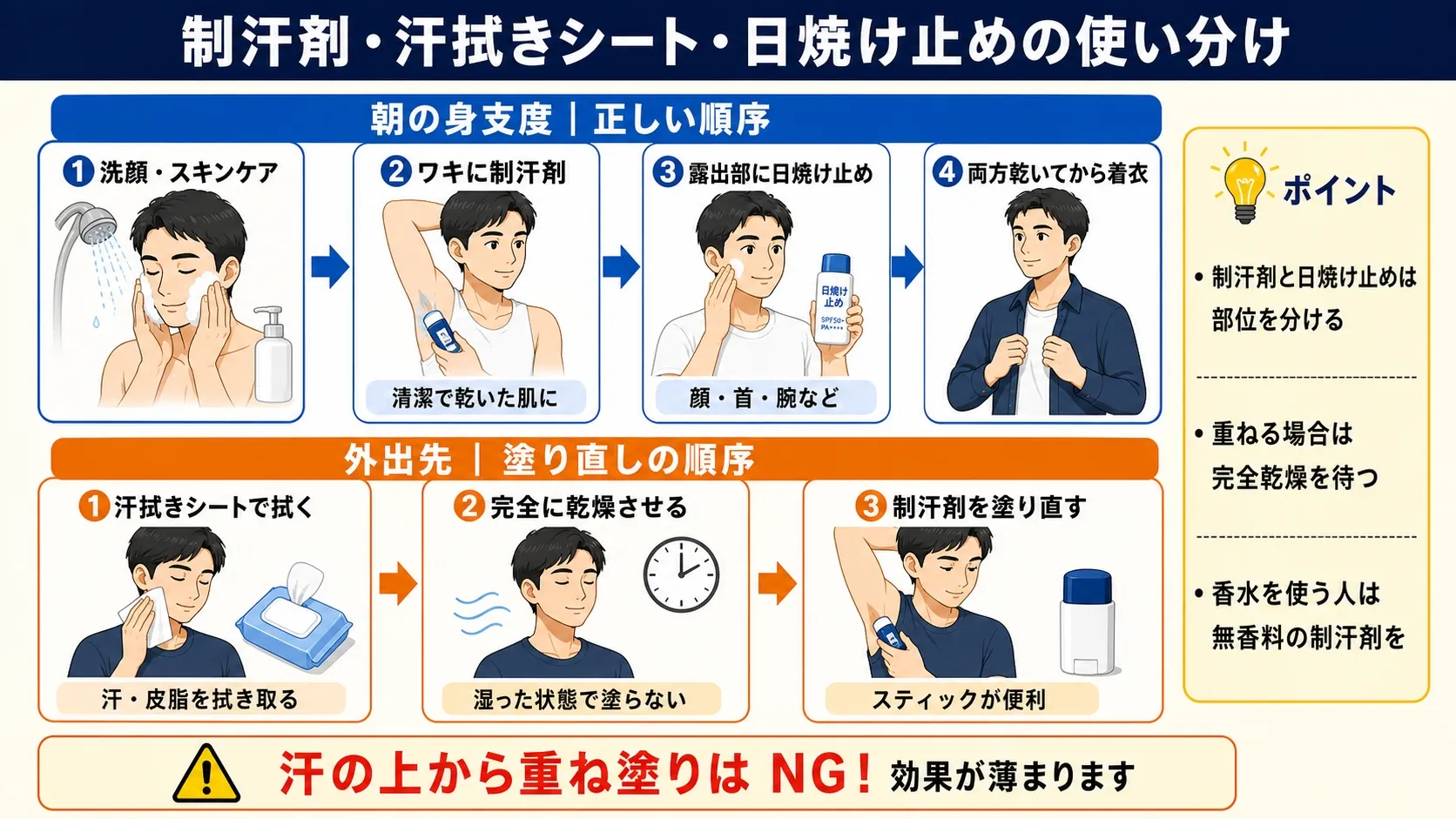 制汗剤・汗拭きシート・日焼け止めの正しい順番