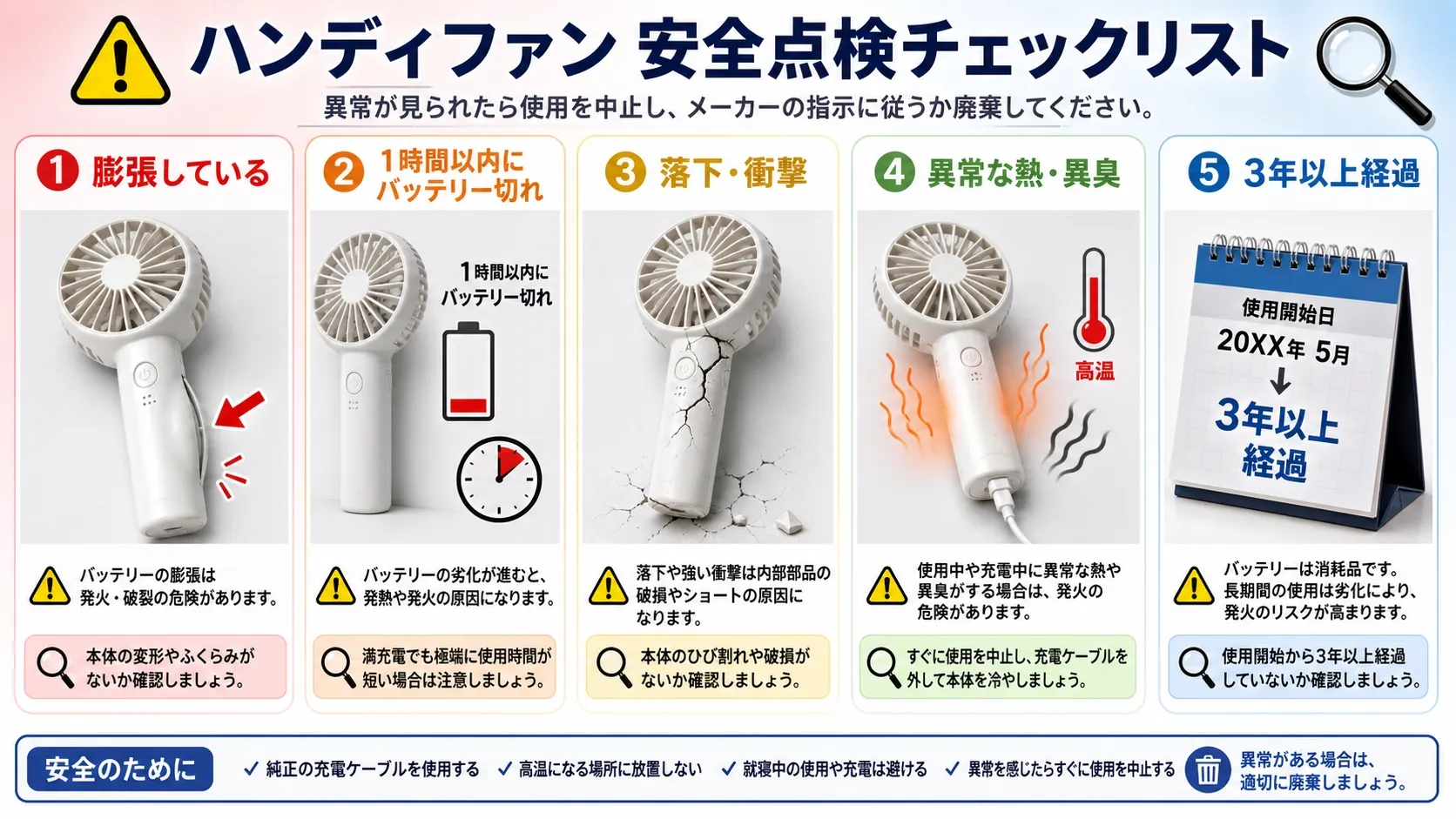 ハンディファンの安全点検チェックリスト5項目。膨張・1時間以内のバッテリー切れ・落下衝撃・異常な熱と異臭・5年以上経過の危険サインを視覚的に説明した図解