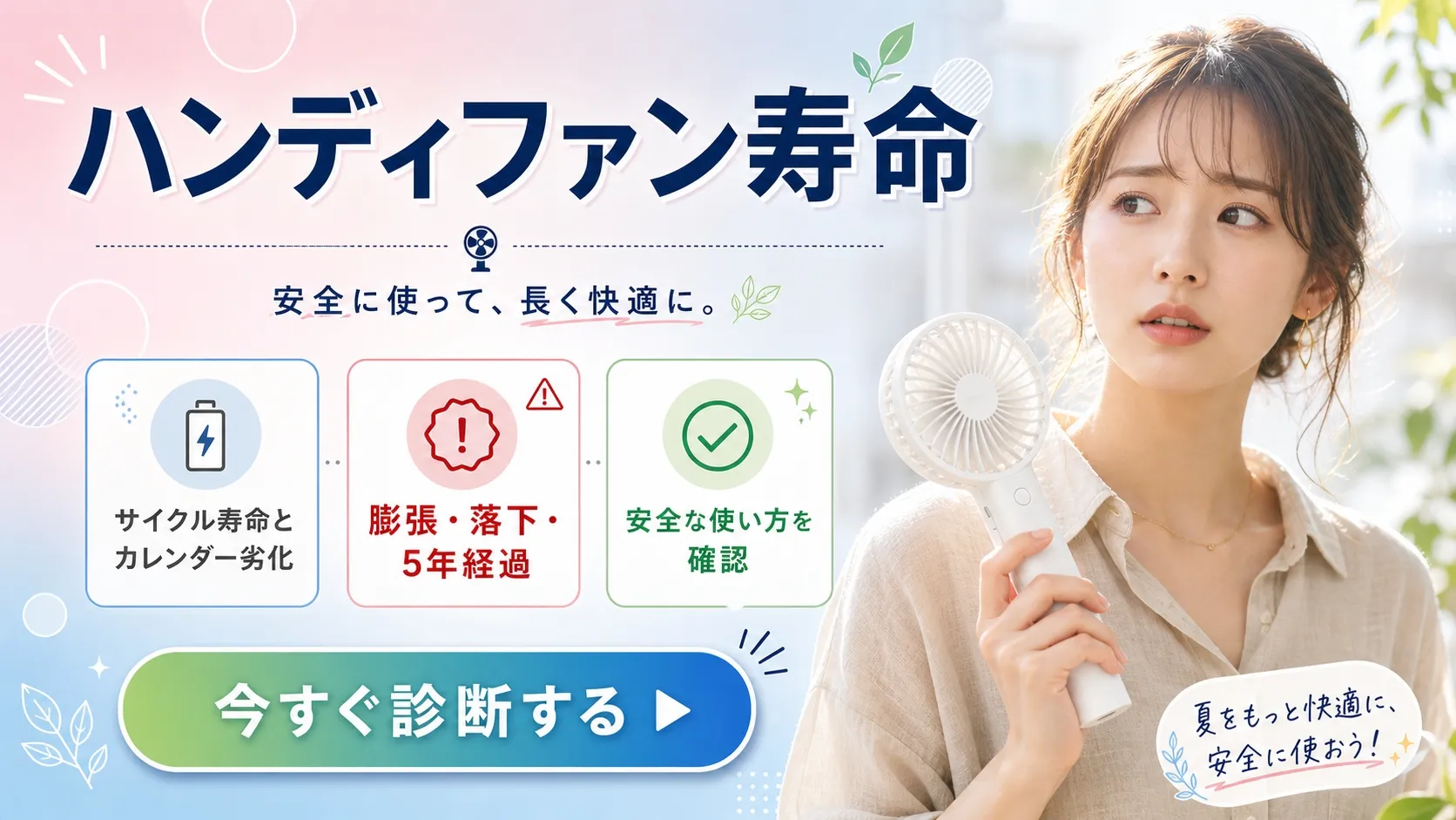 ハンディファンの寿命に関するおしゃれなアイキャッチ画像。サイクル寿命とカレンダー劣化の概念、膨張・落下・5年経過の危険サイン、安全な使い方確認を3つのボックスで整理して表示