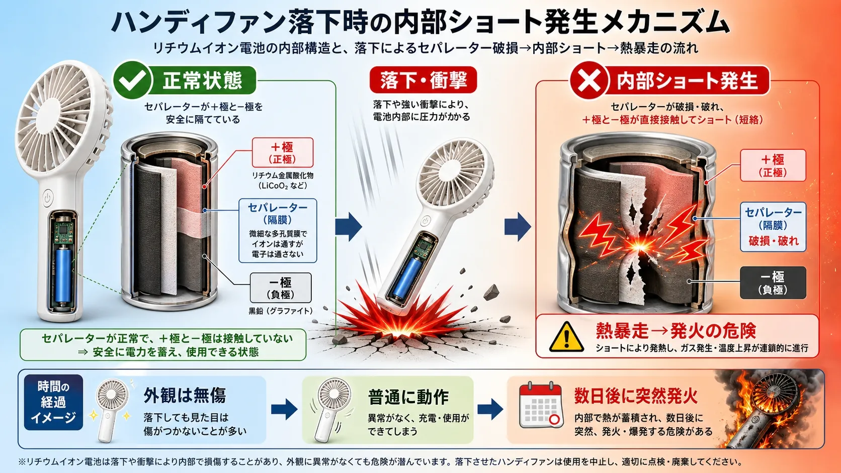 ハンディファン落下時の内部ショート発生メカニズムを解説する断面図。正常状態のセパレーター、落下による衝撃、セパレーター破損による内部ショート発生から熱暴走・発火までの流れを視覚化