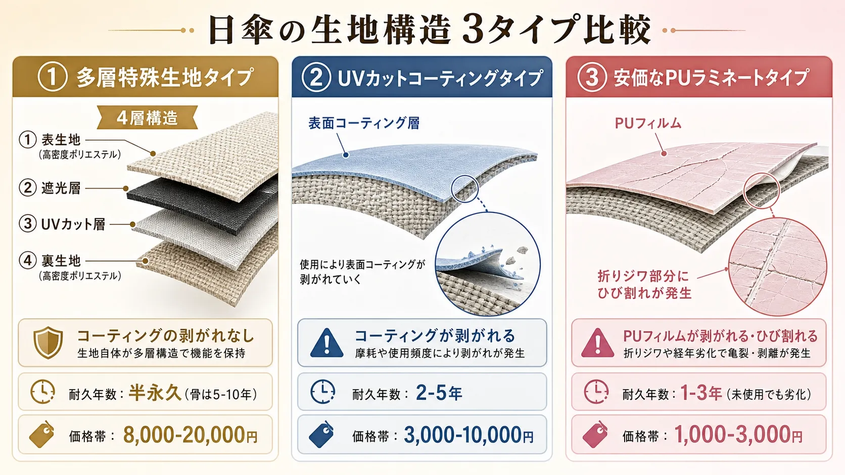 日傘の3タイプ別・構造と寿命の違いを比較した早見表