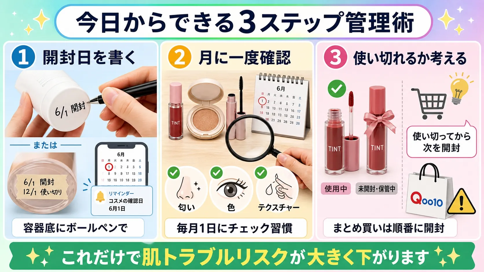 今日からできる3ステップ管理術 - ①開封日を書く ②月に一度確認 ③使い切れるか考える