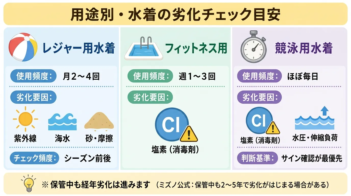 水着の劣化チェック・買い替え検討目安の用途別比較（レジャー・フィットネス・競泳）