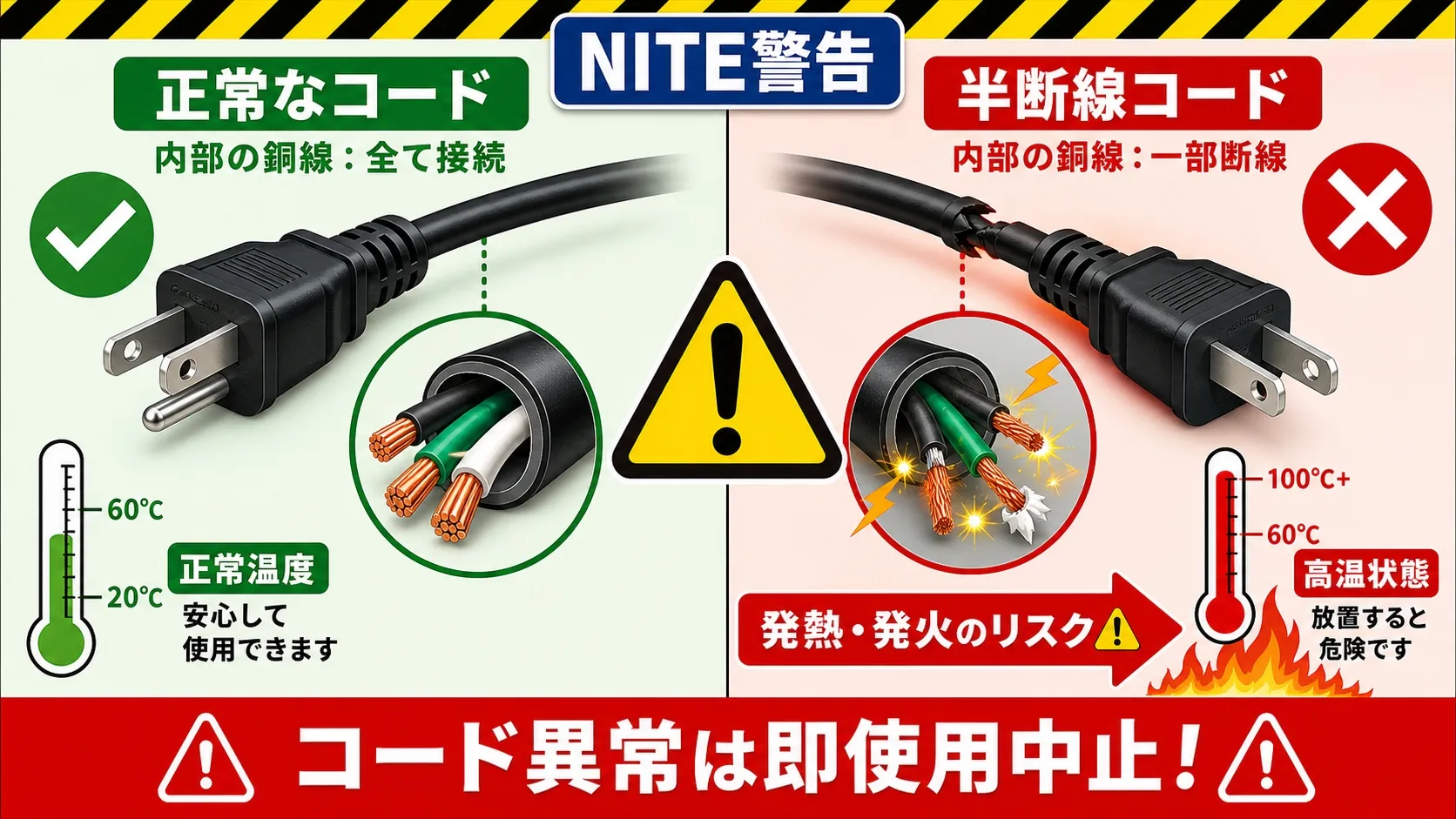 電源コードの内部断線による発熱・発火リスクを示す図解
