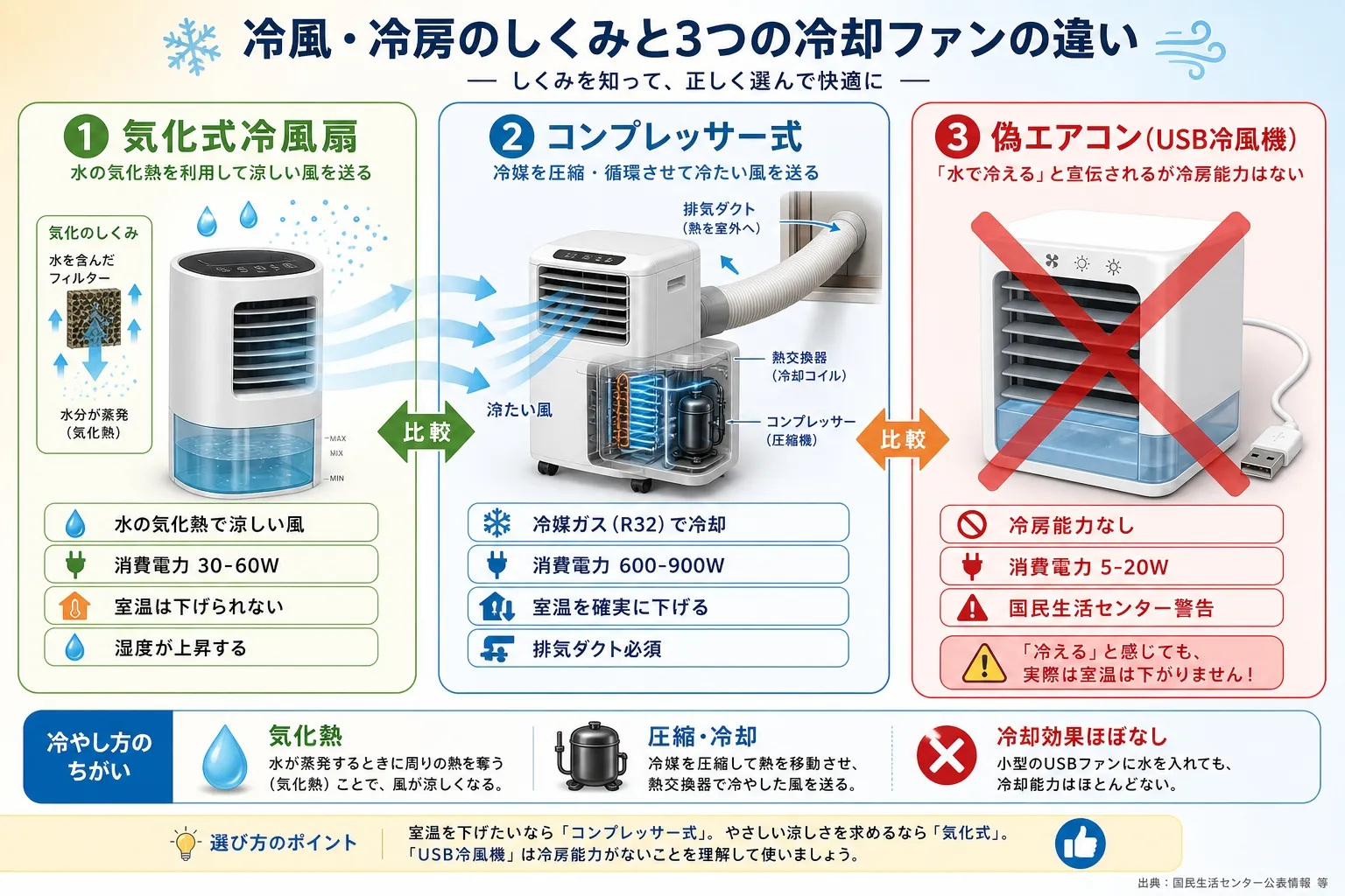 冷風機3種類（気化式冷風扇・コンプレッサー式スポットクーラー・USB冷風機）の仕組みと違いを比較したインフォグラフィック