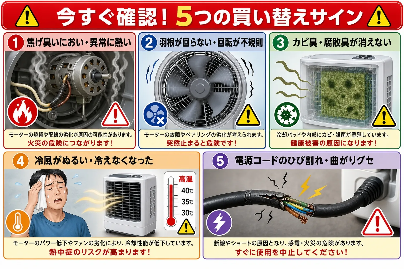 冷風機・冷風扇の5つの買い替えサインと劣化警告・安全ガイドをまとめたインフォグラフィック