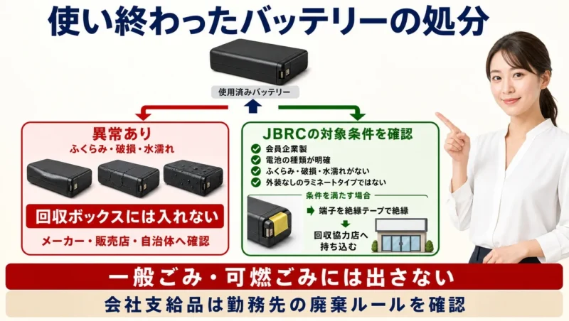 異常の有無で確認する使用済みバッテリーの処分フロー