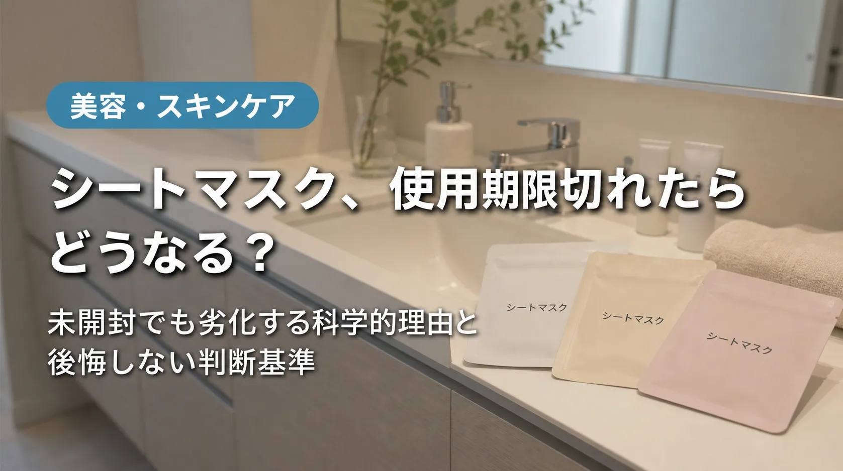 洗面台に置かれたシートマスクと「シートマスク、使用期限切れたらどうなる？」の見出しを備えた記事ヒーロー画像。