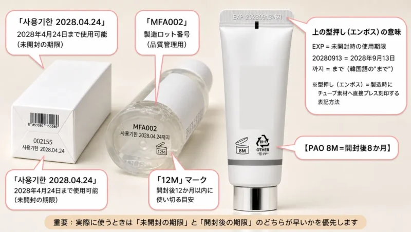 韓国コスメの使用期限EXP20280913까지とPAO 8M・12M記号の意味を、画像内の吹き出しで解説した図解