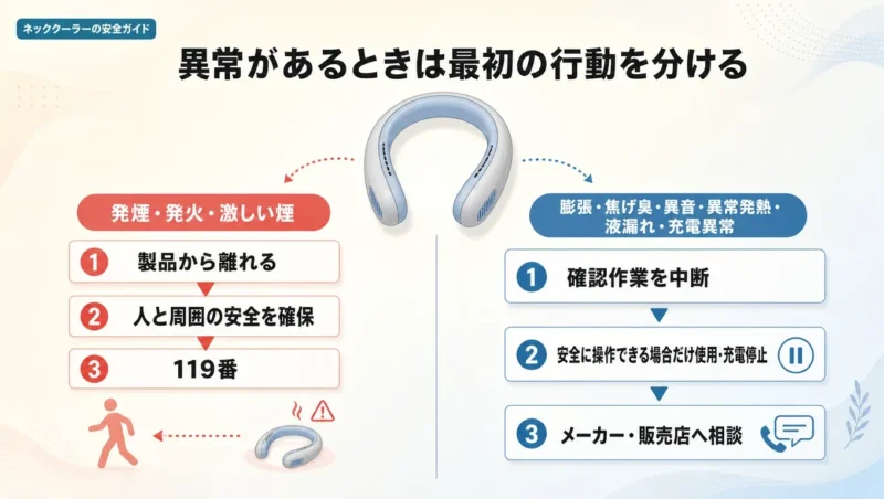 充電式ネッククーラーの発煙・発火時とその他の危険な異常で最初の行動を分けた図